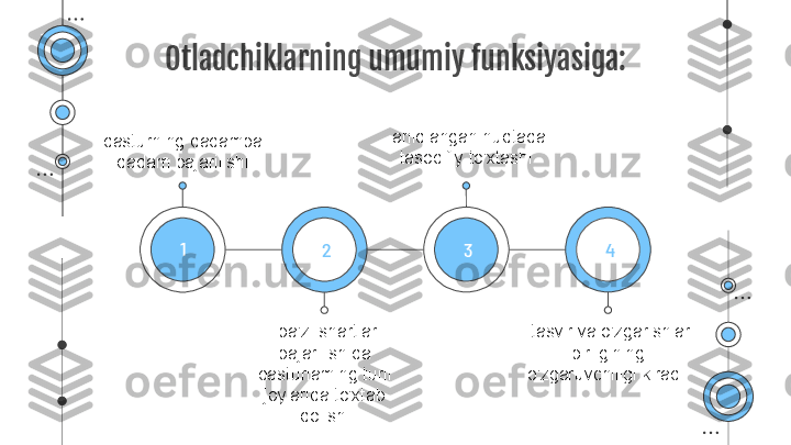 Otladchiklarning umumiy funksiyasiga:
- dastu rn ing qadamba-
qadam bajarilishi - aniqlangan nuqtada 
tasodifiy to'xtashi
- ba'zi shartlar 
bajarilishida 
dasturiaming turli  
joylarida to'xtab 
qolishi - tasvir va o'zgarishlar 
birligining 
o'zgaruvchiligi kiradi.1
  2   3   4 