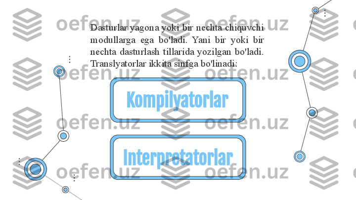 Dasturlar yagona yoki bir nechta chiquvchi 
modullarga  ega  bo'ladi.  Yani  bir  yoki  bir 
nechta  dasturlash  tillarida  yozilgan  bo'ladi.  
Translyatorlar ikkita sinfga bo'linadi: 
Kompilyatorlar
Interpretatorlar 