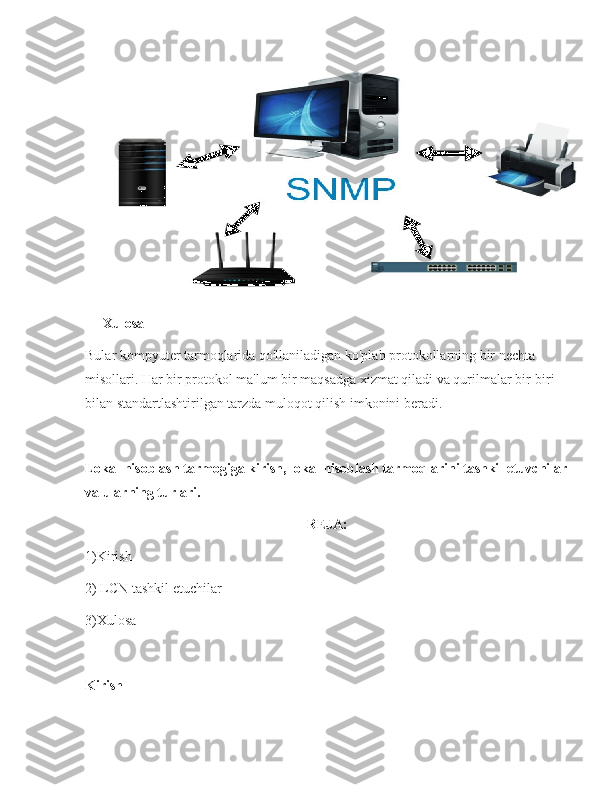 Xulosa
Bular kompyuter tarmoqlarida qo'llaniladigan ko'plab protokollarning bir nechta 
misollari. Har bir protokol ma'lum bir maqsadga xizmat qiladi va qurilmalar bir-biri 
bilan standartlashtirilgan tarzda muloqot qilish imkonini beradi.
Lokal hisoblash tarmogiga kirish, lokal hisoblash tarmoqlarini tashkil etuvchilar
va ularning turlari.
REJA:
1)Kirish
2) LCN tashkil etuchilar
3)Xulosa
Kirish 