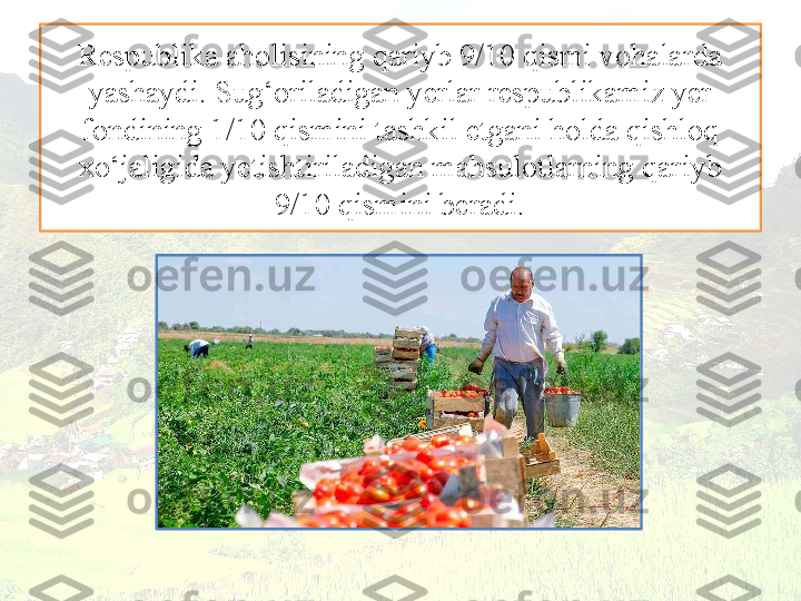 Respublika aholisining qariyb 9/10 qismi vohalarda 
yashaydi. Sug‘oriladigan yerlar respublikamiz yer 
fondining 1/10 qismini tashkil etgani holda qishloq 
xo‘jaligida yetishtiriladigan mahsulotlarning qariyb 
9/10 qismini beradi. 