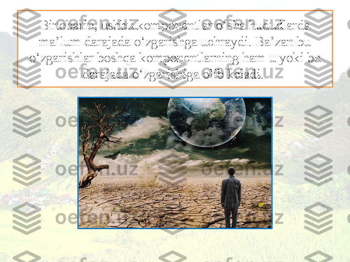 Binobarin, ushbu  komponentlar o‘sha hududlarda 
ma’lum darajada o‘zgarishga uchraydi. Ba’zan bu 
o‘zgarishlar boshqa komponentlarning ham u yoki bu 
darajada o‘zgarishiga olib keladi.  