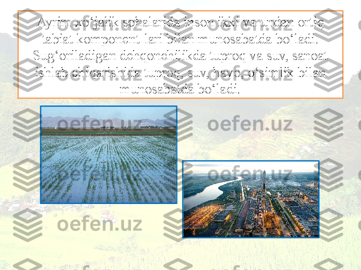 Ayrim xo‘jalik sohalarida inson ikki va undan ortiq 
tabiat komponent-lari bilan munosabatda bo‘ladi. 
Sug‘oriladigan dehqonchilikda tuproq va suv, sanoat 
ishlab chiqarishida tuproq, suv, havo, o‘simlik bilan 
munosabatda bo‘ladi. 