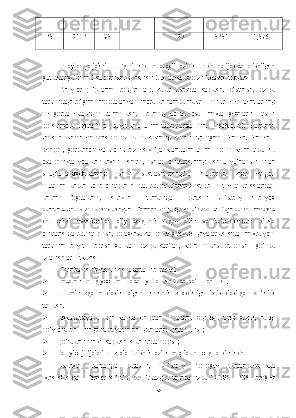 35 2113 93 187 3331 1,576
Broyler   jo`jalarini   to`g`ri   ratsion   orqali   oziqlantirish   natijasida   erishilgan
yutuqlar ya`ni mahsuldorlikning oshishi 3.5 jadvalda o`z ifodasini topgan.
Broyler   jo‘jalarini   to‘g‘ri   andozalar   asosida   saqlash,   o‘stirish,   oziqa
tarkibidagi to‘yimli moddalar va minerallar hamda makro – mikro elemaentlarning
me’yorda   ekanligini   ta’minlash,     buning   uchun   esa   omixta   yemlarni   oqsilli
qo‘shimcha   oziqa   bilan   boyitish   muhim   tadbirlardan   biri     hisoblanadi.   Parranda
go‘shti   ishlab   chiqarishda   ozuqa   bazasining   taqchilligi   aynan   fermer,   fermer   -
dehqon, yordamchi va kichik biznes xo‘jaliklarida muammo bo‘lib kelmoqda. Bu
esa   omixta   yemlar   narxini   oshirib,   ishlab   chiqarishning   ushbu   yo‘nalishi   bilan
shug‘ullanuvchilarning   ishini   sustlashtirmoqda.   Yuqorida   zikr   etilgan
muammolardan   kelib   chiqqan   holda,   tadqiqotlarimiz   istiqbolli   tovuq   krosslaridan
unumli   foydalanib,   Ishtixon     tumaniga     qarashli   Do`stboy   Boboyev
parrandachilikka   ixtisoslashgan     fermer   xo‘jaligida   o‘tkazildi   Tajribadan   maqsad
shu   ediki,   avvalambor,   oliy   dargohda   olgan   bilim   va   ko’nikmalarni   ishlab
chiqarishga tadbiq qilish, qolaversa zamonaviy texnologiyalar asosida omixta yem
tarkibini   boyitib   borish   va   kam   oziqa   sarflab,   ko‘p     mahsulot   olish     yo’lida
izlanishlar o’tkazish. 
Tajriba uslubiyatimiz shulardan iborat edi: 
 muammoning yechimini adabiyotlar tahlilida ko’rib chiqish;
 iqlimimizga   moslasha   olgan   parranda   krosslariga   ixtisoslashgan   xo’jalik
tanlash;
 inkubatsiyadan   bir   kunda   chiqqan   jo’jalarni   sog’ligi,   tirik   vazni,   rangi
bo’yicha bir – biriga juda yaqin bo’lganlarini ajratib olish;
 jo’jalarni bir xil saqlash  sharoitida boqish;
 broyler jo’jalarini oziqlantirishda oziqa miqdorini teng taqsimlash.
Ishtixon   tumaniga   qarashli ,   Do`stboy   Boboyev   par ran dachilikka
ixtisoslashgan     fermer   xo‘jaligida   o’tkazgan   tajribamizda   “ROSS   -   308”   broyler
52 