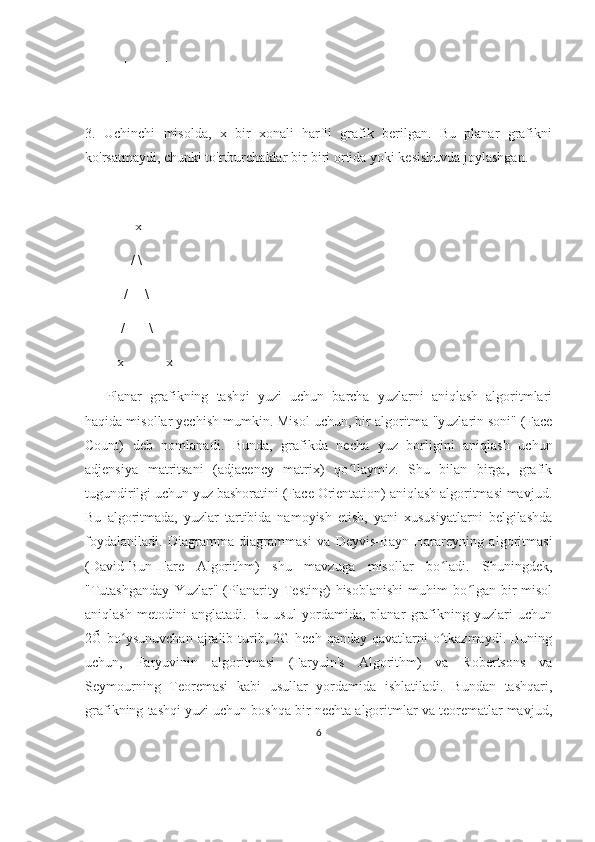      |           |
      ----
3.   Uchinchi   misolda,   x   bir   xonali   harfli   grafik   berilgan.   Bu   planar   grafikni
ko'rsatmaydi, chunki to'rtburchaklar bir-biri ortida yoki kesishuvda joylashgan.
        x
       / \
     /     \
    /       \
   x---------x
Planar   grafikning   tashqi   yuzi   uchun   barcha   yuzlarni   aniqlash   algoritmlari
haqida misollar yechish mumkin. Misol uchun, bir algoritma "yuzlarin soni" (Face
Count)   deb   nomlanadi.   Bunda,   grafikda   necha   yuz   borligini   aniqlash   uchun
adjensiya   matritsani   (adjacency   matrix)   qo llaymiz.   Shu   bilan   birga,   grafikʻ
tugundirilgi uchun yuz bashoratini (Face Orientation) aniqlash algoritmasi mavjud.
Bu   algoritmada,   yuzlar   tartibida   namoyish   etish,   yani   xususiyatlarni   belgilashda
foydalaniladi.   Diagramma   diagrammasi   va   Deyvis-Bayn-Harareyning   algoritmasi
(David-Bun-Hare   Algorithm)   shu   mavzuga   misollar   bo ladi.   Shuningdek,	
ʻ
"Tutashganday   Yuzlar"   (Planarity   Testing)   hisoblanishi   muhim   bo lgan   bir-misol	
ʻ
aniqlash   metodini   anglatadi.   Bu   usul   yordamida,   planar   grafikning   yuzlari   uchun
2Ğ bo ysunuvchan  ajralib turib, 2G  hech  qanday  qavatlarni   o tkazmaydi.  Buning	
ʻ ʻ
uchun,   Faryuvinin   algoritmasi   (Faryuin's   Algorithm)   va   Robertsons   va
Seymourning   Teoremasi   kabi   usullar   yordamida   ishlatiladi.   Bundan   tashqari,
grafikning tashqi yuzi uchun boshqa bir nechta algoritmlar va teorematlar mavjud,
6 