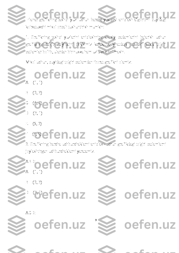   Planar   grafikning   tashqi   yuzi   uchun   barcha   yuzlarni   aniqlash   algoritmi   quyidagi
ko'rsatuvchi misol orqali tushuntirish mumkin:
1.   Grafikning   tashqi   yuzlarini   aniqlashning   asosiy   qadamlarini   bajarish   uchun
grafikning   to'g'ri   ro'yhatini   olishimiz   kerak.   Ro'yhatdagi   har   bir   nuqta   to'g'ri
qatlamlar bo'lib, ulardan bir nusxa ham uzluksiz bo'lmasin.
Misol uchun, quyidagi to'g'ri qatlamdan iborat grafikni olamiz:
A = (1, 1)
B = (2, 3)
C = (4, 2)
D = (3, 1)
E = (5, 2)
F = (4, 4)
2. Grafikning barcha uchburchaklarni aniqlash uchun grafikdagi to'g'ri qatlamlarni
joylashtirgan uchburchaklarni yaratamiz.
ABD:
A = (1, 1)
B = (2, 3)
D = (3, 1)
ACD:
9 