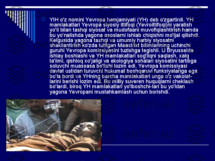 
YIH o'z nomini Yevropa hamjamiyati (YH) deb o'zgartirdi. YH 
mamlakatlari Yevropa siyosiy ittifoqi (Yevroittifoqi)ni yaratish 
yo'li bilan tashqi siyosat va mudofaani muvofiqlashtirish hamda 
bu yo'nalishda yagona asoslarni ishlab chiqishni mo'ljal qilishdi. 
Kelgusida yagona tashqi va umumiy harbiy siyosatni 
shakllantirish ko'zda tutilgan Maastrixt bitimlarining uchinchi 
guruhi Yevropa komissiyasini tuzishga tegishli. U Bryusselda 
ishlay boshlashi va YH mamlakatlari sog'liqni saqlash, xalq 
ta'limi, qishloq xo'jaligi va ekologiya sohalari siyosatini tartibga 
soluvchi muassasa bo'lishi lozim edi. Yevropa komissiyasi 
davlat ustidan turuvchi hukumat boshqaruvi funksiyalariga ega 
bo'la bordi va YHning barcha mamlakatlari unga o'z vakolat-
larini berishi lozim edi. Bu milliy suveren huquqlarni cheklash 
bo'lardi, biroq YH mamlakatlari yo'lboshchi-lari bu yo'ldan 
yagona Yevropani mustahkamlash uchun borishdi. 