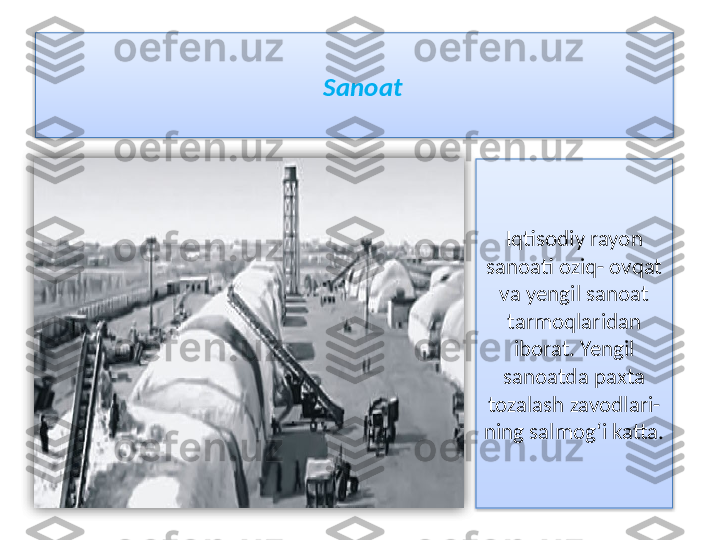 Sanoat
Iqtisodiy rayon 
sanoati oziq- ovqat 
va yengil sanoat 
tarmoqlaridan 
iborat. Yengil 
sanoatda paxta 
tozalash zavodlari-
ning salmog‘i katta.    