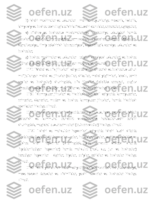 b)   ishchi   mashinalar   va   uskunalar   -   mehnat   buyumlariga   mexanik,   issiqlik,
kimyoviy va boshqa texnologik ta’sir ko‘rsatuvchi stanoklar, apparatlar, agregatlar;
v)   o‘lchov   va   boshqaruv   moslamalari   va   laboratoriya   uskunalari   hamda
jihozlari   -   tarozilar,   manometrlar,   termostatlar,   dispetcher   nazorati   uskunalari,
signalizatsiya,   ilmiy-tekshirish   laboratoriyasi,   seysmologik   stansiya   uskunalari   va
boshqalar;
g)  boshqa  mashinalar  va   uskunalar   -  telefon  stansiyasi   uskunalari  va  boshqa
oldingi guruhlarda hisobga olinmaydigan mashina va uskunalar.
 0140 "Mebel va ofis jihozlari" schyotida ishlab chiqarish va boshqaruv uchun
mo‘ljallangan   mebel   va   jihozlar   (stollar,   shkaflar,   mebel   yig‘imlari,   kreslo,   temir
seyflar   va   boshqalar)   shuningdek,   ofis   jihozlari   (telefaks   apparati,   qog‘oz
qirqadigan va yo‘q qiladigan mashinalar va boshqalar) hisobga olinadi.
  0150   "Kompyuter   jihozlari   va   hisoblash   texnikasi"   schyotida   kompyuterlar,
printerlar,   skanerlar,   modem   va   boshqa   kompyuter   jihozlari,   hamda   hisoblash
texnikalari hisobga olinadi.
 0160 "Transport vositalari" schyotida temir yo‘l, suv, havo, avtomobil, ishlab
chiqarish   va   kommunal   transport   vositalarining   harakatlanuvchi   tarkibi
shuningdek, magistral quvur tarmoqlari (truboprovodlar) hisobga olinadi.
  0170   "Ishchi   va   mahsuldor   hayvonlar"   schyotida   ishchi   kuchi   sifatida
foydalaniladigan ishchi hayvonlar - otlar, ho‘kizlar, tuyalar, xachir va eshaklar va
boshqa   ishchi   hayvonlar   (shuningdek,   yuk   transport   vositasi   sifatida
foydalaniladigan   hayvonlar)   hamda   mahsulot   (nasl,   sut,   jun   va   boshqalar)
beradigan   hayvonlar   -   sigirlar,   biyalar,   qo‘ylar,   echkilar   va   boshqalar   hisobga
olinadi.
  0180 "Ko‘p yillik o‘simliklar" schyotida ko‘kalamzorlashtirish, dekoratsiya,
meva-rezavor   daraxtlar   va   o‘simliklar,   yashil   devorlar   va   boshqalar   hisobga
olinadi. 