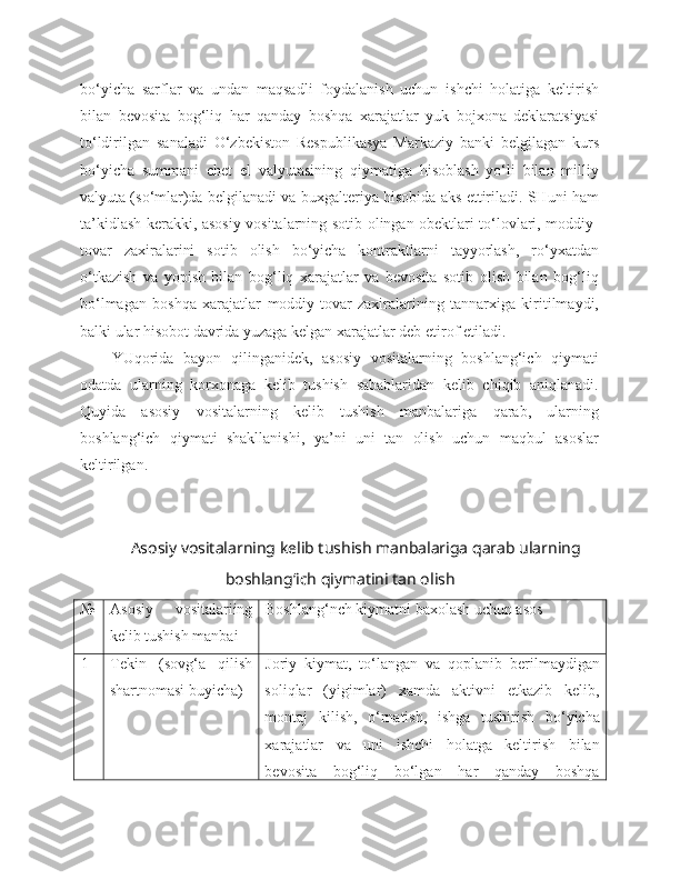 bo‘yicha   sarflar   va   undan   maqsadli   foydalanish   uchun   ishchi   holatiga   keltirish
bilan   bevosita   bog‘liq   har   qanday   boshqa   xarajatlar   yuk   bojxona   deklaratsiyasi
to‘ldirilgan   sanaladi   O‘zbekiston   Respublikasya   Markaziy   banki   belgilagan   kurs
bo‘yicha   summani   chet   el   valyutasining   qiymatiga   hisoblash   yo‘li   bilan   milliy
valyuta (so‘mlar)da belgilanadi va buxgalteriya hisobida aks ettiriladi. SHuni ham
ta’kidlash kerakki, asosiy vositalarning sotib olingan obektlari to‘lovlari, moddiy-
tovar   zaxiralarini   sotib   olish   bo‘yicha   kontraktlarni   tayyorlash,   ro‘yxatdan
o‘tkazish   va   yopish   bilan   bog‘liq   xarajatlar   va   bevosita   sotib   olish   bilan   bog‘liq
bo‘lmagan   boshqa   xarajatlar   moddiy-tovar   zaxiralarining   tannarxiga   kiritilmaydi,
balki ular hisobot davrida yuzaga kelgan xarajatlar deb etirof etiladi.
YUqorida   bayon   qilinganidek,   asosiy   vositalarning   boshlang‘ich   qiymati
odatda   ularning   korxonaga   kelib   tushish   sabablaridan   kelib   chiqib   aniqlanadi.
Quyida   asosiy   vositalarning   kelib   tushish   manbalariga   qarab,   ularning
boshlang‘ich   qiymati   shakllanishi,   ya’ni   uni   tan   olish   uchun   maqbul   asoslar
keltirilgan.
Asosiy vositalarning kelib tushish manbalariga qarab ularning
boshlang‘ich qiymatini tan olish
№ Asosiy   vositalariing
kelib tushish manbai Boshlang‘nch kiymatni baxolash uchun asos
1 Tekin   (sovg‘a   qilish
shartnomasi buyicha) Joriy   kiyma t ,   to‘langan   va   qoplanib   berilmaydigan
soliqlar   (yigimlar)   xamda   aktivni   etkazib   kelib,
montaj   kilish,   o‘rnatish,   ishga   tushirish   bo‘yicha
xarajatlar   va   uni   ishchi   holatga   keltirish   bilan
bevosita   bog‘liq   bo‘lgan   har   qanday   boshqa 