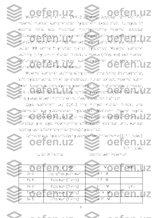 Maksimal   kuchlanish   usuli   (MKU)   maksimal   darajada gi   og‘irliklar   bilan
maksimal   mushakli   kuchlanishlardan   foydalanishni   taxdaq   qiladi.   Bu   paytda   bir
vaqtning   o‘zida   katta   miqdordagi   motoneyronlarning   maksimal   darajada gi
impulsatsiyasi,   mushaklar   ishining   sinxronizatsiyasi,   agonist   va   qisman   antagonist
mushaklar   qisqarishi   bilan   birga   kechuvchi   erkin   kuchlanishlar   yuz   beradi.   Bu
usuldan   XX   asrning   60-yillaridan   boshlab   foydalaniladi.   Maksimal   kuchlanish
usulining   ijobiy   tomoni   shundan   iboratki,   u   maxsus   (o‘ziga   xos)   asab-mushakli
uyg‘unlashgan   faoliyat   va   maksimal   kuchni   rivojlanishi   uchun   ancha   samarali
munosabatlarni hosil bo‘lishini ta’daq etadi.
Maksimal   kuchlanish   usulining   salbiy   tomoni   uning   jarohat   chaqiruvchanligi,
ko‘p   foydalanilganida   bir   xil   tez   charchatadi.   Bundan   tashqari,   maksimal   kuchni
ortishi   faqatgina   koordinatsiyaning   yaxshilanishi   bilan   bog‘lanishigina   qolmasdan,
balki   u   murakkab   darajada gi   jiddiy   hajmdagi   yuklamalarni   bajarish   bilan   bog‘liq
holda yuzaga keluvchi morfofunksional o‘zgarishlarga ham bog‘liqdir.
Qayta   kuchlanishli   usul   (QKU)   ning   mohiyati   shundan   iboratki,   unda
maksimaldan   kam   yuklamalardan   foydalaniladi.   Mashqlarni   o‘rganish   paytida
og‘irliklarni   o‘lchashni   baholash   uchun   maksimal   kuchdan   og‘irliklarni   o‘lchadaqi
foizlardagi   yoki   qayta   maksimumning   ko‘rsatkichlari   shaklidagi   ushbu   vazndagi
bajarilayotgan ko‘tarishlar sonidan (marta) foydalaniladi.
Og‘ir atletikada foydalaniladigan yuklamalar tasnifini keltiramiz (20.4.1.-jadval)
20.4.1.-jadval
F
max  dan % hisobida                           Takrorlanuvchi maksimum
100 Eng og‘ir vazn 1 TM MKU
99-90 Eng og‘irga yaqin vazn 2-3 TM
89-80 Katta vazn (1-zona) 4-6 TM
79-70 Katta vazn (2-zona) 7-10 TM QKU
69-60 O‘rta vazn (1-zona) 11-18 TM 
59-50 O‘rta vazn (2-zona) 19-24 TM
7 