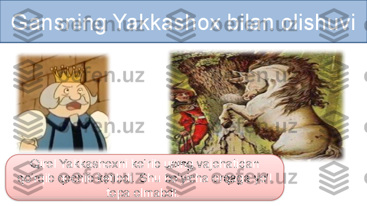 Gansning Yakkashox bilan olishuvi
Qirol Yakkashoxni ko‘rib uning vajohatidan 
qo‘rqib qochib ketibdi. Shu bo‘yicha orqaga yo‘l 
topa olmabdi.   