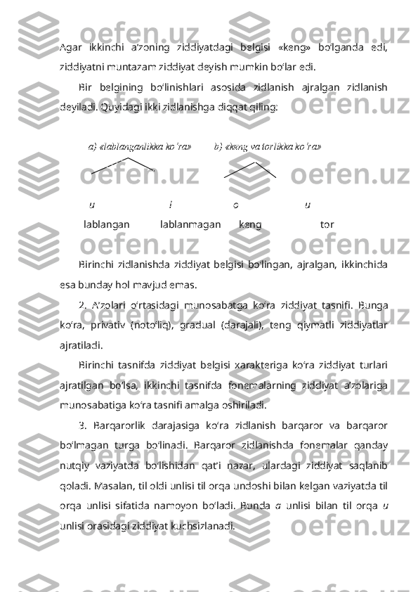 Agar   ikkinchi   a’zoning   ziddiyatdagi   belgisi   «keng»   bo‘lganda   edi,
ziddiyatni muntazam ziddiyat deyish mumkin bo‘lar edi.
Bir   belgining   bo‘linishlari   asosida   zidlanish   ajralgan   zidlanish
deyiladi. Quyidagi ikki zidlanishga diqqat qiling: 
    a) «lablanganlikka ko‘ra»         b) «keng va torlikka ko‘ra»
     
     u                                   i                            o                            u
  lablangan            lablanmagan         keng                       tor
Birinchi   zidlanishda   ziddiyat   belgisi   bo‘lingan,   ajralgan,   ikkinchida
esa bunday hol mavjud emas.
2.   A’zolari   o‘rtasidagi   munosabatga   ko‘ra   ziddiyat   tasnifi .   Bunga
ko‘ra,   privativ   (noto‘liq),   gradual   (darajali),   teng   qiymatli   ziddiyatlar
ajratiladi.
Birinchi   tasnifda   ziddiyat   belgisi   xarakteriga   ko‘ra   ziddiyat   turlari
ajratilgan   bo‘lsa,   ikkinchi   tasnifda   fonemalarning   ziddiyat   a’zolariga
munosabatiga ko‘ra tasnifi amalga oshiriladi.
3.   Barqarorlik   darajasiga   ko‘ra   zidlanish   barqaror   va   barqaror
bo‘lmagan   turga   bo‘linadi .   Barqaror   zidlanishda   fonemalar   qanday
nutqiy   vaziyatda   bo‘lishidan   qat’i   nazar,   ulardagi   ziddiyat   saqlanib
qoladi. Masalan, til oldi unlisi til orqa undoshi bilan kelgan vaziyatda til
orqa   unlisi   sifatida   namoyon   bo‘ladi.   Bunda   a   unlisi   bilan   til   orqa   u
unlisi orasidagi ziddiyat kuchsizlanadi. 