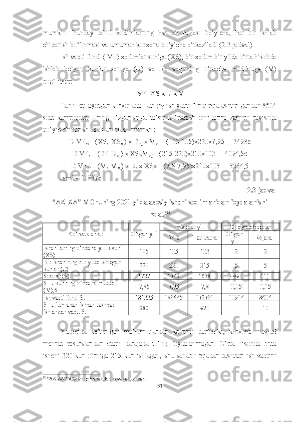 mumkin.   Bunday   tahlil   xodimlarning   har   bir   toifasi   bo‘yicha,   har   bir   ishlab
chiqarish bo‘linmasi va umuman korxona bo‘yicha o‘tkaziladi (2.3-jadval).
Ish vaqti fondi (IVF) xodimlar soniga (XS), bir xodim bir yilda o‘rta hisobda
ishlab   bergan   kunlar   soniga   (D)   va   ish   vaqtining   o‘rtacha   muddatiga   (M)
bog‘liqdir: 
IVF=XS x D x M
Tahlil etilayotgan korxonada haqiqiy ish vaqti fondi rejalashtirilgandan 8604
soat   kamroqdir.   Uning   o‘zgarishiga   ta’sir   ko‘rsatish   omillarini   zanjirli   ravishda
qo‘yib chiqarish usuli aniqlash mumkin:
DIVF
xs  – (XS
x -XS
rej ) x D
rej  x M
rej  = (103-105)x220x7,95= –3498c
DIVF
x  = (DF-D
rej ) x XS
fx M
rej  = (215-220)x210x103= –4094,5c
DIVF
ch  = (M
x -M
rej ) x D
x  x XSx = (7,8-7,95)x210x103= –3244,5
Jami – 10837c
2.3-jadval
“AZIZA” MChJning 2021 yilda asosiy ishchi xodimlaridan foydalanishi
holati 22
Ko‘rsatkich lar O‘tgan yili Hisobot yili CHetga chiqarish
Reja Haqiqatda O‘tgan
yili Rejada
Ishchilarning o‘rtacha yillik soni 
(XS) 105 105 103 –2 –2
Bir ishchining bir yilda ishlagan 
kunlar (D) 220 220 215 –5 –5
Soatlar (S) 1727 1749 1638 –89 –111
SHu kunning o‘rtacha muddati 
(M),S 7,85 7,95 7,8 –0,05 –0,15
Ish vaqti fondi S. 181335 183645 172731 –10914 –8604
SHu jumladan ishdan tashqari 
ishlangan vaqt.  S. 980 970 –10
Y u qorida   keltirilgan   ma’lumotlardan   ko‘rinib   turibdiki,   korxona   mavjud
mehnat   resurslaridan   etarli   darajada   to‘liq   foydalanmagan.   O‘rta   hisobda   bitta
ishchi   220 kun  o‘rniga  215 kun  ishlagan,  shu  sababli   rejadan tashqari  ish  vaqtini
22
 “ AZIZA ”  MChJning hisobotlari asosida tuzilgan .
51 