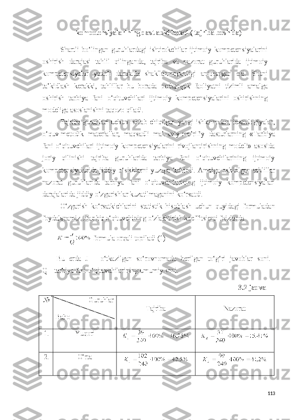 kompetensiyalarining da s tlabki holati ( tajriba boshida)
Shartli   bo‘lingan   guruhlardagi   ishtirokchilar   ijtimoiy   kompetensiyalarini
oshirish   darajasi   tahlil   qilinganda,   tajriba   va   nazorat   guruhlarida   ijtimoiy
kompetensiyalar   yetarli   darajada   shakllanmaganligi   aniqlangan   edi.   Shuni
ta’kidlash   kerakki,   tahlillar   bu   borada   pedagogik   faoliyatni   tizimli   amalga
oshirish   tarbiya   fani   o‘qituvchilari   ijtimoiy   kompetensiyalarini   oshirishning
modeliga asoslanishni taqozo qiladi. 
Tajriba   guruhlari   uchun   ishlab   chiqilgan   yangi   ishlanmalar,   texnologiyalar,
o‘quv-metodik   materiallar,   maqsadli   ma’naviy-ma’rifiy   dasturlarning   « Tarbiya
fani   o‘qituvchilari   ijtimoiy   kompetensiyalarini   rivojlantirishning   modeli»   asosida
joriy   qilinishi   tajriba   guruhlarida   tarbiya   fani   o‘qituvchilarining   ijtimoiy
kompetensiyalarida   jiddiy   o‘sishlarni   yuzaga   keltirdi.   Amalga   oshirilgan   tahlillar
nazorat   guruhlarida   tarbiya   fani   o‘qituvchilarining   ijtimoiy   kompetensiyalari
darajalarida jiddiy o‘zgarishlar kuzatilmaganini ko‘rsatdi. 
O‘zgarish   ko‘r s atkichlarini   s tati s tik   hi s oblash   uchun   quyidagi   formuladan
foydalanamiz. Har bir o‘qituvchining o‘zlashtirish koeffitsienti foizlarda 
 formula orqali topiladi (1)
Bu   erda   J   –   o‘tkazilgan   s o‘rovnomada   berilgan   to‘g‘ri   javoblar   s oni.  
Q  – tarbiya fani o‘qituvchilarining umumiy soni .
3.2-jadval
№ Guruhlar
Baho Tajriba Nazorat
1. Y u qori 
2. O‘rta 
113 