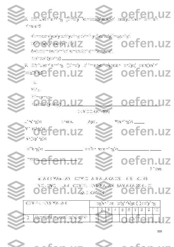 8.   O‘qituvchilarning   ijtimoiy   kompetetsiyalarini   pacaytiruvchi   omillar
nimalar ?
 Kompetensiyaviy tarbiyaning tizimli yo‘lga qo‘yilmaganligi.
 O‘zining qiziqishi yo‘qligi.
 Axborot mexanizmlari samaradorligining pastligi.
 Boshqasi (yozing)                                                                                                                                        
9.   O‘qituvchilarning   ijtimoiy   bilimlarga   nisbatan   ehtiyoj   daraja s ini
belgilang ?
 Ha.
 Yo‘q.
 Bilmayman.
 Boshqasi (yozing)                                                                                                                                        
DEMOGRAFIYA:
Jinsingiz:                 Erkak.             Ayol.                 Y o shingiz:                .                  
Millatingiz:                                   .  
Ish joyingiz:
Toifangiz:                                         Telefon raqamingiz:                                   .                 
Imzo:                                           .
2-ilova
 «TARBIYA» FANI BO‘YICHA MALAKA OSHIRISH KURSI
TINGLOVCHILARI KOMPETENSIYALARI SAMARADORLIGI
INDIKATORI 
KOMPETENSIYALARI Tegishli ball to‘g‘risiga (+) qo‘ying
1 2 3 4 5 6 7 8 9 10
1) Qarorlarni mustaqil qabul qilish
133 