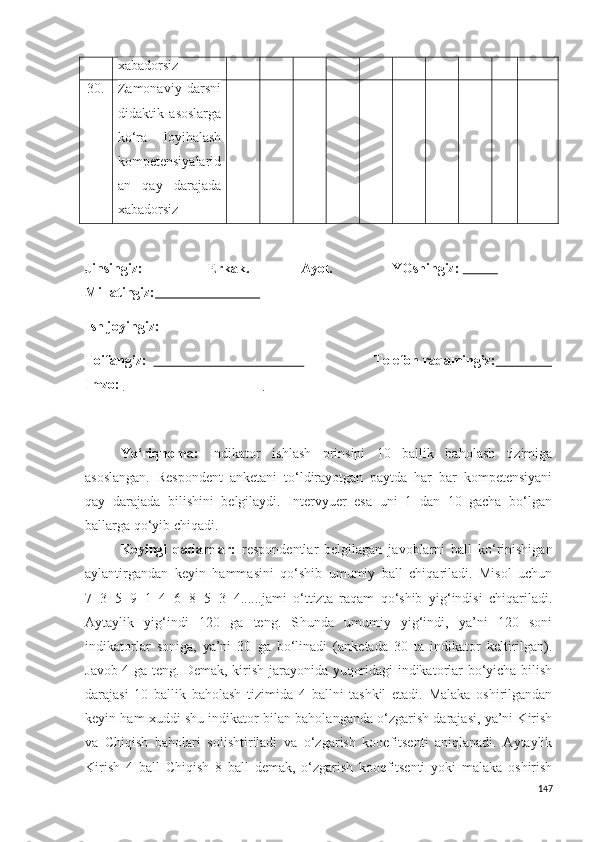 xabadorsiz
30. Zamonaviy   darsni
didaktik   asoslarga
ko‘ra   loyihalash
kompetensiyalari d
an   qay   darajada
xabadorsiz
Jinsingiz:                 Erkak.             Ayol.                 YOshingiz:                .                 
Millatingiz:                                   .  
Ish joyingiz:
Toifangiz:                                               .                    Telefon raqamingiz:                 
Imzo:                                           .
Yo‘riqnoma:   Indikator   ishlash   prinsipi   10   ballik   baholash   tizimiga
asoslangan.   Respondent   anketani   to‘ldirayotgan   paytda   har   bar   kompetensiyani
qay   darajada   bilishini   belgilaydi.   Intervyuer   esa   uni   1   dan   10   gacha   bo‘lgan
ballarga qo‘yib chiqadi. 
Keyingi   qadamlar:   respondentlar   belgilagan   javoblarni   ball   ko‘rinishigan
aylantirgandan   keyin   hammasini   qo‘shib   umumiy   ball   chiqariladi.   Misol   uchun
7+3+5+9+1+4+6+8+5+3+4......jami   o‘ttizta   raqam   qo‘shib   yig‘indisi   chiqariladi.
Aytaylik   yig‘indi   120   ga   teng.   S h unda   umumiy   yig‘indi,   ya’ni   120   soni
indikatorlar   soniga,   ya’ni   30   ga   bo‘linadi   (anketada   30   ta   indikator   keltirilgan).
Javob 4 ga teng. Demak, kirish jarayonida yuqoridagi indikatorlar bo‘yicha bilish
darajasi   10   ballik   baholash   tizimida   4   ballni   tashkil   etadi.   Malaka   oshirilgandan
keyin ham xuddi shu indikator bilan baholanganda o‘zgarish darajasi, ya’ni Kirish
va   Chiqish   baholari   solishtiriladi   va   o‘zgarish   kooefitsenti   aniqlanadi.   Aytaylik
Kirish   4   ball   C h iqish   8   ball   demak,   o‘zgarish   kooefitsenti   yoki   malaka   oshirish
147 