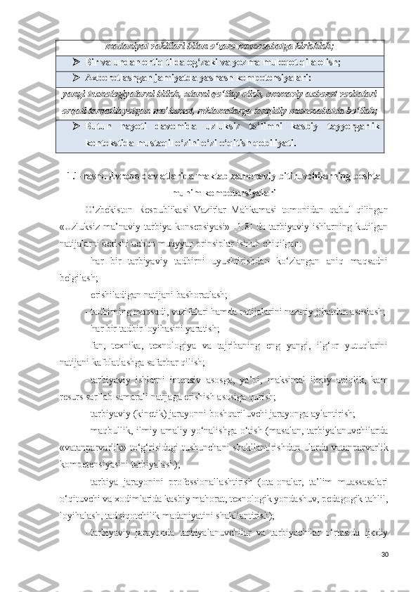 madaniyat vakillari bilan o‘zaro munosabatga kirishish ;
 Bir va undan ortiq tilda og‘zaki va yozma  muloqot  qil a ol ish ;
 Axborotlashgan  jamiyat da yashash  kompetensiyalar i:
yangi texnologiyalarni bilish, ularni qo‘llay olish, ommaviy axborot vositalari
orqali tarqatilayotgan  ma’lumot , reklamalarga tanqidiy munosabatda bo‘lish ;
 Butun   hayot i   davomida   uzluksiz   ta’limni   kasbiy   tayyorgarlik
kontekstida  mustaqil o‘zini o‘zi  o‘qi ti sh qobiliyati .
1.1-rasm .  Evropa davlatlarida maktab zamonaviy bitiruvchilarning beshta
muhim kompetensiyalari
O‘zbekiston   Respublikasi   Vazirlar   Mahkamasi   tomonidan   qabul   qilingan
«Uzluksiz   ma’naviy   tarbiya   konsepsiyasi»   [1.8]   da   tarbiyaviy   ishlarning   kutilgan
natijalarni berishi uchun muayyan prinsiplar ishlab chiqilgan:
-   har   bir   tarbiyaviy   tadbirni   uyushtirishdan   ko‘zlangan   aniq   maqsadni
belgilash;
-   erishiladigan natijani bashoratlash;
-   tadbirning maqsadi, vazifalari hamda natijalarini nazariy jihatdan asoslash;
-   har bir tadbir loyihasini yaratish;
-   fan,   texnika,   texnologiya   va   tajribaning   eng   yangi,   ilg‘or   yutuqlarini
natijani kafolatlashga safarbar qilish;
-   tarbiyaviy   ishlarni   intensiv   asosga,   ya’ni,   maksimal   ilmiy   aniqlik,   kam
resurs sarflab samarali natijaga erishish asosiga qurish;
-   tarbiyaviy  (kinetik ) jarayonni boshqariluvchi jarayonga aylantirish;
-   maqbullik, ilmiy-amaliy yo‘nalishga o‘tish (masalan,  tarbiyalanuvchilarda
«vatanparvarlik» to‘g‘risidagi  tushunchani  shakllantirishdan  ularda  vatanparvarlik
kompetensiyasini tarbiyalash);
-   tarbiya   jarayonini   professionallashtirish   (ota-onalar,   ta’lim   muassasalari
o‘qituvchi va xodimlarida kasbiy mahorat, texnologik yondashuv, pedagogik tahlil,
loyihalash, tadqiqotchilik madaniyatini shakllantirish);
-   tarbiyaviy   jarayonda   tarbiyalanuvchilar   va   tarbiyachilar   o‘rtasida   ijodiy
30 