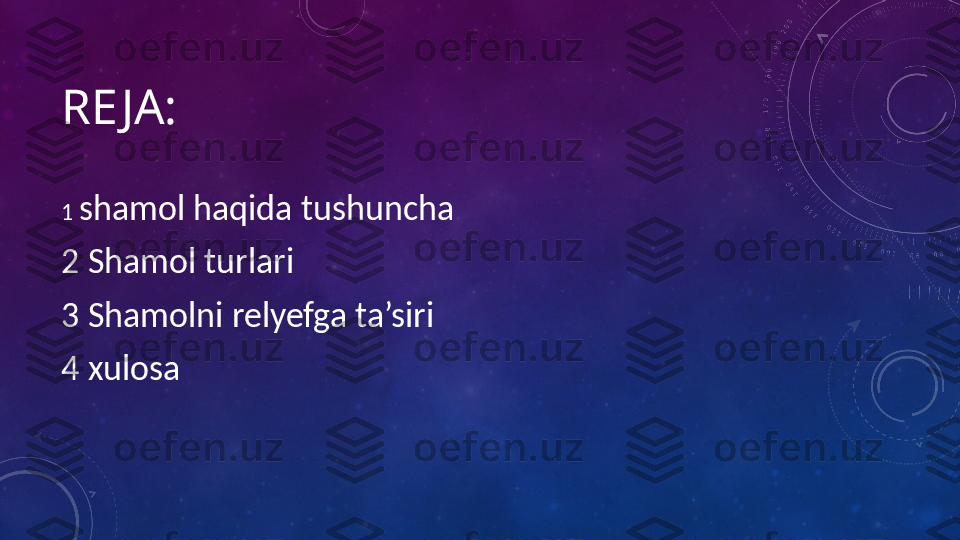 RE JA:
1  shamol haqida tushuncha
2 Shamol turlari
3 Shamolni relyefga ta’siri
4 xulosa 