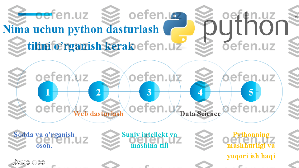 Nima uchun python dasturlash 
tilini o’rganish kerak
1 2 3 4 5
Sodda va o'rganish 
oson. Suniy intellekt va 
mashina tili Pythonning 
mashhurligi va 
yuqori ish haqiData ScienceWeb dasturlash
 ?????? Developer   	??????      