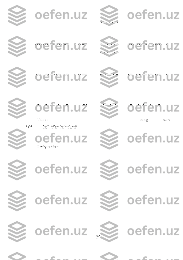 __________________________________________________________________
__________________________________________________________________
__________________________________________________________________
__________________________________________________________________
__________________________________________________________________
__________________________________________________________________
__________________________________________________________________
__________________________________________________________________
__________________________________________________________________
__________________________________________________________________
__________________________________________________________________
__________________________________________________________________
__________________________________________________________________
Talaba:__________________________________________ning   kurs
ishi_____ball bilan baholandi.
Ilmiy rahbar:                                                          __________________
34 