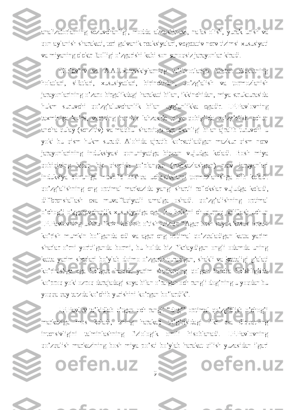 analizatorlarning   sezuvchanligi,   modda   almashinuvi,   nafas   olish,   yurak   urish   va
qon aylanish sharakati, teri-galvanik reaksiyalari, vegetativ nerv tizimsi xususiyati
va miyaning elektr faolligi o’zgarishi kabi son-sanoqsiz jarayonlar kiradi.
I.P.Pavlov   va   A.A.Uxtomskiylarning   ta’limotlariga   binoan   diqqatning
holatlari,   sifatlari,   xususiyatlari,   birinchidan,   qo’zg’alish   va   tormozlanish
jarayonlarining o’zaro birgalikdagi harakati bilan, ikkinchidan, miya strukturasida
hukm   suruvchi   qo’zg’aluvchanlik   bilan   uyg’unlikka   egadir.   I.P.Pavlovning
taxminiga   ko’ra,   vaqtning   har   bir   lahzasida   miya   qobig’ida   qo’zg’alish   uchun
ancha   qulay   (senzitiv)   va   maqbul   sharoitga   ega   ekanligi   bilan   ajralib   turuvchi   u
yoki   bu   qism   hukm   suradi.   Alohida   ajratib   ko’rsatiladigan   mazkur   qism   nerv
jarayonlarining   induksiyasi   qonuniyatiga   binoan   vujudga   keladi.   Bosh   miya
qobiqining   biron   bir   qismida   to’plangan   (markazlashgan)   nerv   jarayonlari
induksiya   qonuniga   muvofiq   boshqa   uchastkalarni   tormozlanishga   olib   keladi.
qo’zg’alishning   eng   optimal   markazida   yangi   shartli   reflekslar   vujudga   keladi,
differensiallash   esa   muvaffaqiyatli   amalga   oshadi.   qo’zg’alishning   optimal
o’chog’i   o’zgaruvchanlik   xususiyatiga   ega.   Bu   holatni   chuqurroq   dalillash   uchun
I.P.Pavlovning ushbu fikrini keltirib o’tish joizdir: “Agar bosh suyak kosasi orqali
ko’rish   mumkin   bo’lganda   edi   va   agar   eng   optimal   qo’zqaladigan   katta   yarim
sharlar   o’rni   yoritilganda   bormi,   bu   holda   biz   fikrlaydigan   ongli   odamda   uning
katta   yarim   sharlari   bo’ylab   doimo   o’zgarib   turadigan,   shakli   va   kattaligi   g’alati
ko’rinishga   ega   bo’lgan   hamda   yarim   sharlarning   qolgan   barcha   bo’shlig’ida
ko’proq yoki ozroq darajadagi soya bilan o’ralgan och rangli dog’ning u yoqdan bu
yoqqa qay tarzda ko’chib yurishini ko’rgan bo’lardik”.
I.P.Pavlov   ta’kidlab   o’tgan   och   rangli   “dog‘”   optimal   qo’zg’alish   o’chog’i
markaziga   mos   keladi,   uning   harakati   to’g’risidagi   fikr   esa   diqqatning
intensivligini   ta'minlashning   fiziologik   omili   hisoblanadi.   I.P.Pavlovning
qo’zqalish   markazining   bosh   miya   po’sti   bo’ylab   harakat   qilish   yuzasidan   ilgari
9 