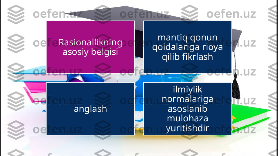 Rasionallikning 
asosiy belgisi mantiq qonun 
qoidalariga rioya 
qilib fikrlash
anglash ilmiylik 
normalariga 
asoslanib 
mulohaza 
yuritishdir 