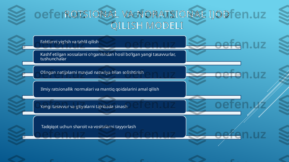 ROTSI ON AL VA  N ORATSION A L I J OD 
QI LI SH MODELI
Faktlarni yig‘ish va tahlil qilish
Kashf etilgan xossalarni o‘rganishdan hosil bo‘lgan yangi tasavvurlar, 
tushunchalar
Olingan natijalarni mavjud nazariya bilan solishtirish
Ilmiy ratsionallik normalari va mantiq qoidalarini amal qilish
Yangi tasavvur va g‘oyalarni tajribada sinash
Tadqiqot uchun sharoit va vositalarni tayyorlash       