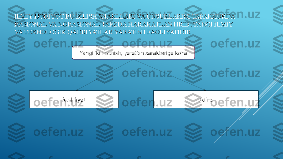 ILMIY IJODIYOT-BU BILISH SHAKLLARI VA UNSURLARINI TAFAKKURDA 
RASIONAL VA NORASIONAL TARZDA HARAKATLANTIRIB ,YANGI ILMIY 
VA TEXNOLOGIK QADRIYATLAR YARATISH FAOLIYATIDIR
Yangilikni ochish, yaratish xarakteriga ko’ra
kashfiyot Ixtiro   