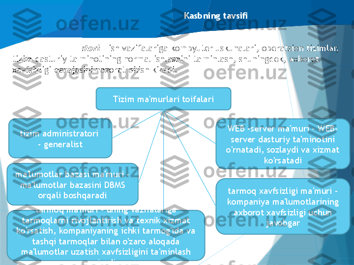 Kasbning tavsifi
Tizim administratori   - ish vazifalariga kompyuter uskunalari, operatsion tizimlar, 
tizim dasturiy ta'minotining normal ishlashini ta'minlash, shuningdek, axborot 
xavfsizligi darajasini nazorat qilish kiradi.
Tizim ma'murlari toifalari
tizim administratori 
- generalist
ma'lumotlar bazasi ma'muri - 
ma'lumotlar bazasini DBMS 
orqali boshqaradi tarmoq xavfsizligi ma'muri - 
kompaniya ma'lumotlarining 
axborot xavfsizligi uchun 
javobgartarmoq ma'muri - uning vazifalariga 
tarmoqlarni rivojlantirish va texnik xizmat 
ko'rsatish, kompaniyaning ichki tarmog'ida va 
tashqi tarmoqlar bilan o'zaro aloqada 
ma'lumotlar uzatish xavfsizligini ta'minlash 
kiradi. WEB -server ma'muri - WEB- 
server dasturiy ta'minotini 
o'rnatadi, sozlaydi va xizmat 
ko'rsatadi                   