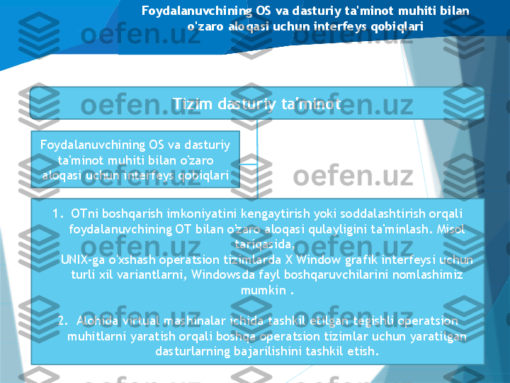 Foydalanuvchining OS va dasturiy ta'minot muhiti bilan 
o'zaro aloqasi uchun interfeys qobiqlari
Foydalanuvchining OS va dasturiy 
ta'minot muhiti bilan o'zaro 
aloqasi uchun interfeys qobiqlari Tizim dasturiy ta'minot
Dasturlash tizimlari
Ma'lumotlar bazasini boshqarish 
tizimlari (DBMS)1. OTni boshqarish imkoniyatini kengaytirish yoki soddalashtirish orqali 
foydalanuvchining OT bilan o'zaro aloqasi qulayligini ta'minlash. Misol 
tariqasida, 
UNIX-ga o'xshash operatsion tizimlarda X Window grafik interfeysi uchun 
turli xil variantlarni, Windowsda fayl boshqaruvchilarini nomlashimiz 
mumkin .
2. Alohida virtual mashinalar ichida tashkil etilgan tegishli operatsion 
muhitlarni yaratish orqali boshqa operatsion tizimlar uchun yaratilgan 
dasturlarning bajarilishini tashkil etish.                   