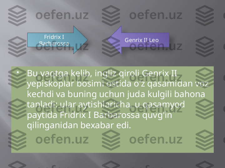 
Bu vaqtga kelib, ingliz qiroli Genrix II 
yepiskoplar bosimi ostida o'z qasamidan voz 
kechdi va buning uchun juda kulgili bahona 
tanladi: ular aytishlaricha, u qasamyod 
paytida Fridrix I Barbarossa quvg'in 
qilinganidan bexabar edi.  Fridrix I 
Barbarossa Genrix II Leo   