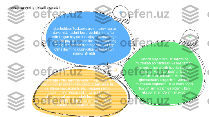 Topkapi saroyining qiziqarli afsonalari
Istanbuldagi Topkapi saroyi muzeyi asrlar 
davomida tashrif buyuruvchilarni maftun 
etib kelgan boy tarix va ajoyib afsonalarga 
ega. Bir paytlar Usmonlilar imperiyasining 
yuragi bo'lgan bu diqqatga sazovor joy 
o'sha davrning ulug'vorligi va nafosatini 
namoyish etdi.
Tashrif buyuruvchilar saroyning 
murakkab arxitekturasi va hashamatli 
interyeri, uning ajoyib hovlilari, bezakli 
xonalari va go'zal bog'lari bilan 
tanishishlari mumkin. Muzeyda 
qimmatbaho zargarlik buyumlari, 
murakkab to'qimachilik va nafis sopol 
buyumlarni o'z ichiga olgan ulkan 
eksponatlar to'plami mavjud.Afsonaga ko'ra, saroyda yashirin xazinalar va 
yashirin o'tish joylari mavjud bo'lib, tajribaga sir 
va intriga havosi qo'shiladi. To'pqopi saroyi 
muzeyi tarixiy ixlosmandlar va madaniyat 
ixlosmandlari uchun tashrif buyurishi kerak 
bo'lgan joy bo'lib, uning devorlaridagi qiziqarli 
voqealarni ochib berishni xohlaydi. 01
0203 