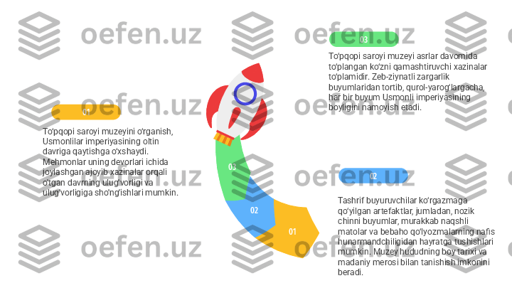 01020304 To‘pqopi saroyi muzeyi asrlar davomida 
to‘plangan ko‘zni qamashtiruvchi xazinalar 
to‘plamidir. Zeb-ziynatli zargarlik 
buyumlaridan tortib, qurol-yarog‘largacha, 
har bir buyum Usmonli imperiyasining 
boyligini namoyish etadi. 03
Tashrif buyuruvchilar ko‘rgazmaga 
qo‘yilgan artefaktlar, jumladan, nozik 
chinni buyumlar, murakkab naqshli 
matolar va bebaho qo‘lyozmalarning nafis 
hunarmandchiligidan hayratga tushishlari 
mumkin. Muzey hududning boy tarixi va 
madaniy merosi bilan tanishish imkonini 
beradi. 0201
To‘pqopi saroyi muzeyini o‘rganish, 
Usmonlilar imperiyasining oltin 
davriga qaytishga o‘xshaydi. 
Mehmonlar uning devorlari ichida 
joylashgan ajoyib xazinalar orqali 
o'tgan davrning ulug'vorligi va 
ulug'vorligiga sho'ng'ishlari mumkin. 