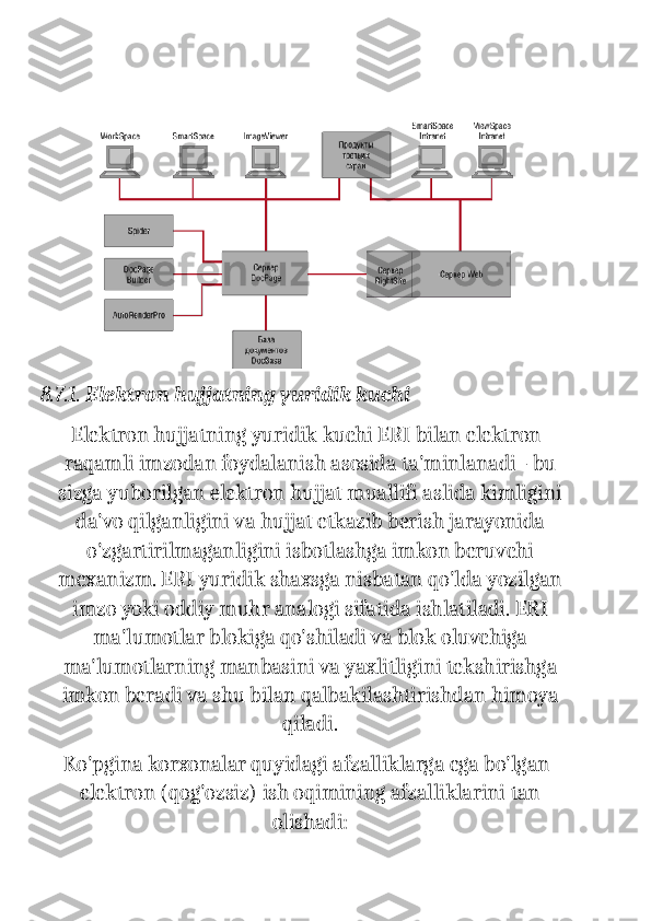 8.7.1.  Elektron hujjatning yuridik kuchi
Elektron hujjatning yuridik kuchi ERI bilan elektron
raqamli imzodan foydalanish asosida ta'minlanadi - bu
sizga yuborilgan elektron hujjat muallifi aslida kimligini
da'vo qilganligini va hujjat etkazib berish jarayonida
o'zgartirilmaganligini isbotlashga imkon beruvchi
mexanizm. ERI yuridik shaxsga nisbatan qo'lda yozilgan
imzo yoki oddiy muhr analogi sifatida ishlatiladi. ERI
ma'lumotlar blokiga qo'shiladi va blok oluvchiga
ma'lumotlarning manbasini va yaxlitligini tekshirishga
imkon beradi va shu bilan qalbakilashtirishdan himoya
qiladi.
Ko'pgina korxonalar quyidagi afzalliklarga ega bo'lgan
elektron (qog'ozsiz) ish oqimining afzalliklarini tan
olishadi: 