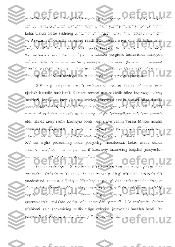 muhabbat va vojeali o’lim syujetiga asoslangan Tristan va Izolda tarixi asari paydo 
bo’ldi.  Ushbu asar  uzoq davrlar  mobaynida  insoniyatning  madaniy  hazinasi  bo’lib 
keldi. Ushbu breton siklining	 qahramonlari bo’lgan Lanselot va Perseval, Palmerin 	
va  Amadis  va  boshqalarni  roman  mualliflari  insoniylining  oliy  fazilatlari  bilan 
“to’yintirganlar”.  Bu  holat  ayniqsa  ilgarigi  istalgan  risarlik  romanining  markaziy 
va  haarkatlantiruvchi  kuchi  bo’lgan  muha	bbatni  yangicha  tushunishda  namoyon 	
bo’ladi.  Risarlik  romanlarida  keng  tarqalgan  motiqlardan  yana  bir  i  muqaddas 
Graalni  izlashdir.  Bashorat  qilinishicha  ushbu  Grallda  Iso  Masih  qoni  to’plangan. 
Shuning uchun bo’lsa kerak grall oliy ruhoniylarning ramziga 	aylangan.	 	
XIV  asrga  kelganda  risarlik  mafkurasida  orzu  va  haqiqat  o’rtasida  katta 	
ajralish  kuzatila  boshlandi.  Kurtuaz  romani  asta	-sekinlik  bilan  inqirozga  uchray 	
boshladi.  Jamiyatda  harbiylar  qatalmining  ahamiyati  tushib  borishi  bilan  risarlik 
romanlarida	 haqiqiy hayot bilan bog’lanish ham borgan sari susayib bordi. Risarlik 	
romanlari  syujetlari  fantastik  va  haqiqatga  to’g’ri  kelmaydigan  holatlarni  aqmrab 
oldi,  ularda  diniy  motiv  kuchayib  bordi.  Ingliz  dvoryanini  Tomas  Melori  risarlik 
romanini  uning  qahram	onlik  pafosi  bilan  qayta  tiklashga  urinib  ko’rdi.  Doira  stoli 	
risarlari  haqidagi  qadimiy  qissalar  asosida  yozilgan  uning  “Artur  o’limi”  romani 
XV  asr  ingliz  prozasining  nodir  yodgorligi  hisoblanadi.  Lekin  ushbu  asarda 
risarlikni  ulug’lash  bilan  birga  muall	if  tabaqaviy  tuzumning  tarqalish  jarayonlari 	
alomatlarini ham o’z asarida keltirib o’tadi.	 	
Shahar madaniyati.  XI asrdan boshlab G’arbiy Yevropa madaniy hayotning  	
markazlari  shaharlarga  ko’chadi.  Shahar  madaniyatidagi  erkinlikni  sevuvchanlik 
yondoshuvi, u	ning xalq ijodiyoti bilan bog’langanligi shahar adabiyotining rivojiga 	
o’z  ta’sirini  ko’rsatdi.  Ushbu  adabiyot  namunalari  yaratilishi  boshlangan  dastlabki 
paytdan  boshlab  jamiyatda  hukmron  bo’lgan  cherkov  lotin  tilli  adabiyotiga 
qarama	-qarshi  ravishda  oddi	y  xalq  shevasida  yaratildi.  O’z  anvbatida  shahar 	
adabiyoti  xalq  shevasining  milliy  tiliga  aylanish  jarayonini  boshlab  berdi.  Bu 
jarayon XI	-XIII asrlarda butun G’arbiy Yevropani qamrab oldi.	  