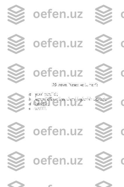 20- rasm.  Nasadka turlari:
a  – yassi parallel; 
b  – keramik fasonli va ularni joylanish usullari;
d  – betartib; 
e  – tartibli. 