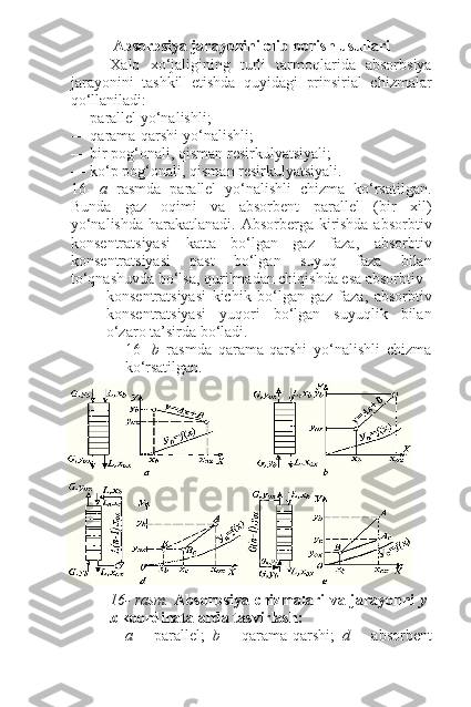 Absorbsiya jarayonini olib borish usullari
Xalq   xo‘jaligining   turli   tarmoqlarida   absorbsiya
jarayonini   tashkil   etishda   quyidagi   prinsirial   chizmalar
qo‘llaniladi:
—   parallel yo‘nalishli;
—   qarama-qarshi yo‘nalishli;
—   bir pog‘onali, qisman resirkulyatsiyali;
—   ko‘p pog‘onali, qisman resirkulyatsiyali.
16-   a   rasmda   parallel   yo‘nalishli   chizma   ko‘rsatilgan.
Bunda   gaz   oqimi   va   absorbent   parallel   (bir   xil)
yo‘nalishda  harakatlanadi. Absorberga kirishda absorbtiv
konsentratsiyasi   katta   bo‘lgan   gaz   faza,   absorbtiv
konsentratsiyasi   past   bo‘lgan   suyuq   faza   bilan
to‘qnashuvda bo‘lsa, qurilmadan chiqishda esa absorbtiv
konsentratsiyasi   kichik   bo‘lgan   gaz   faza,   absorbtiv
konsentratsiyasi   yuqori   bo‘lgan   suyuqlik   bilan
o‘zaro ta’sirda bo‘ladi.
16-   b   rasmda   qarama-qarshi   yo‘nalishli   chizma
ko‘rsatilgan.
16- rasm.   Absorbsiya chizmalari va jarayonni   y-
x  koordinatalarda tasvirlash:
a   –   parallel;   b   –   qarama-qarshi;   d   –   absorbent 