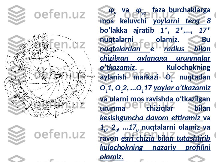 φ
y    va    φ
ya     faza  burchaklarga 
mos  keluvchi  yoylarni  teng  8  
bo’lakka  ajratib  1*,  2*,…,  17* 
nuqtalarni  olamiz.  Bu 
nuqtalardan  e   radius  bilan 
chizilgan  aylanaga  urunmalar 
o’tkazamiz .  Kulochokning 
aylanish  markazi  O
1   nuqtadan 
O
1 1, O
1 2, …O
1 17  yoylar o’tkazamiz 
va ularni mos ravishda o’tkazilgan 
urunma  chiziqlar  bilan 
kesishguncha  davom  ettiramiz  va  
1
0 ,  2
0 ,  …17
0   nuqtalarni  olamiz  va 
ravon  egri  chiziq  bilan  tutashtirib 
kulochokning  nazariy  profilini 
olamiz. 