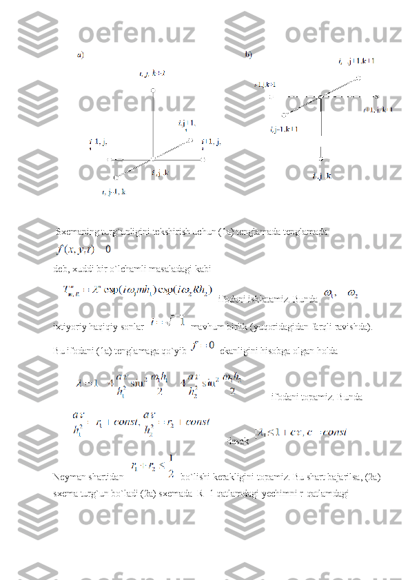  Sxemaning turg`unligini tekshirish uchun (1a) tenglamada tenglamada
deb, xuddi bir o`lchamli masaladagi kabi
      ifodani ishlatamiz. Bunda   
ixtiyoriy haqiqiy sonlar    mavhum birlik (yuqoridagidan farqli ravishda). 
Bu ifodani (1a) tenglamaga qo`yib   ekanligini hisobga olgan holda
 ifodani topamiz. Bunda
 desak   
Neyman shartidan   bo`lishi kerakligini topamiz. Bu shart bajarilsa, (2a)
sxema turg`un bo`ladi (2a) sxemada  R+1 qatlamdagi yechimni r-qatlamdagi  