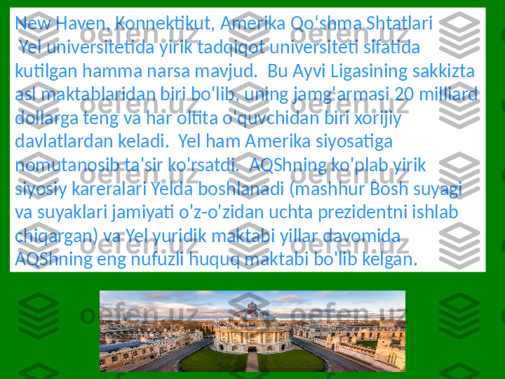 New Haven, Konnektikut, Amerika Qoʻshma Shtatlari
  Yel universitetida yirik tadqiqot universiteti sifatida 
kutilgan hamma narsa mavjud.  Bu Ayvi Ligasining sakkizta 
asl maktablaridan biri bo'lib, uning jamg'armasi 20 milliard 
dollarga teng va har oltita o'quvchidan biri xorijiy 
davlatlardan keladi.  Yel ham Amerika siyosatiga 
nomutanosib ta'sir ko'rsatdi.  AQShning ko'plab yirik 
siyosiy kareralari Yelda boshlanadi (mashhur Bosh suyagi 
va suyaklari jamiyati o'z-o'zidan uchta prezidentni ishlab 
chiqargan) va Yel yuridik maktabi yillar davomida 
AQShning eng nufuzli huquq maktabi bo'lib kelgan. 