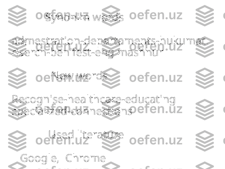              Synonim words
admestration-departaments-hukumat.
riserch-benifest-eng mashhur
              New words
Recognise-healthcare-educating
specialized-connections
             Used literature
   Google,  Chrome 