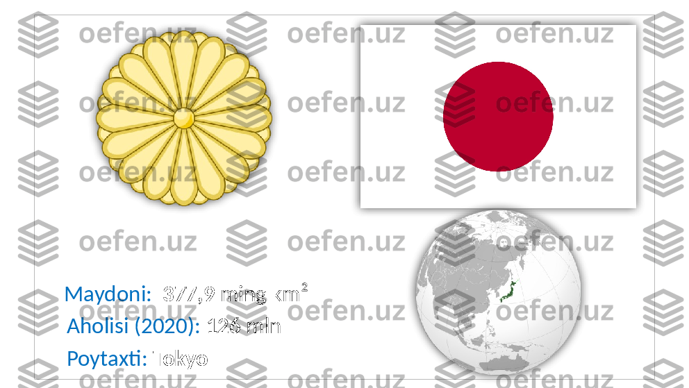  
      Maydoni:   377,9  ming km²
      Aholisi (2020):  126  mln
      Poytaxti:  Tokyo    