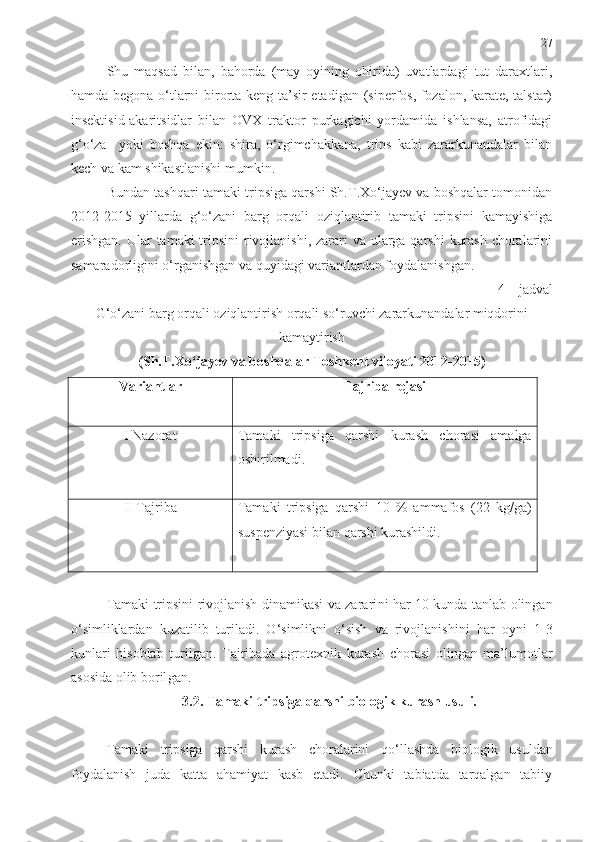 27
Shu   maqsad   bilan,   bahorda   (may   oyining   ohirida)   uvatlardagi   tut   daraxtlari,
hamda begona o‘tlarni birorta keng ta’sir etadigan (siperfos, fozalon, karate, talstar)
insektisid-akaritsidlar   bilan   OVX   traktor   purkagichi   yordamida   ishlansa,   atrofidagi
g‘o‘za     yoki   boshqa   ekin:   shira,   o‘rgimchakkana,   trips   kabi   zararkunandalar   bilan
kech va kam shikastlanishi mumkin. 
Bundan tashqari tamaki tripsiga qarshi Sh.T.Xo‘jayev va boshqalar tomonidan
2012-2015   yillarda   g‘o‘zani   barg   orqali   oziqlantirib   tamaki   tripsini   kamayishiga
erishgan.  Ular   tamaki tripsini  rivojlanishi, zarari va ularga qarshi  kurash choralarini
samaradorligini o‘rganishgan va quy i dagi variantlardan foydalanishgan.   
4 – jadval 
G‘o‘zani barg orqali oziqlantirish orqali so‘ruvchi zararkunandalar miqdorini
kamaytirish
(Sh.T.Xo‘jayev va boshqalar Toshkent viloyati 2012-2015)
Variantlar  Tajriba rejasi 
I Nazorat Tamaki   tripsiga   qarshi   kurash   chora s i   amalga
oshirilmadi.
II Tajriba  Tamaki   tripsiga   qarshi   10   %   ammafos   (22   kg/ga)
suspenziyasi bilan qarshi kurashildi.
Tamaki tripsi ni rivojlanish dinamikasi va zarari ni   h ar 10 kunda tanlab olingan
o‘simliklardan   kuzatilib   turiladi.   O‘simlikni   o‘sish   va   rivojlanish ini   har   oyni   1-3
kunlari   hisoblab   turil gan .   Tajribada   agrotexnik   kurash   chorasi   olingan   ma’lumotlar
asosida olib boril gan .
3.2. Tamaki tripsiga qarshi biologik kurash usuli.
Tamaki   tripsiga   qarshi   kurash   choralarini   qo‘ l lashda   biologik   usuldan
foydalanish   juda   katta   ahamiyat   kasb   etadi.   Chunki   tabiatda   tarqalgan   tabiiy 