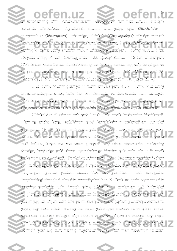 28
biosenozlarning   o‘rni   zararkunandalarni   kamayishini   taminlab   turadi.   Biologik
kurashda   oltinko‘zdan   foydalanish   muhim   ahamiyatga   ega.   Oltinko‘zlar   –
to‘rqanotlilar   ( Neuroptera )   turkumiga,   oltinko‘z   ( Chrysopidaye )   oilasiga   mansub
hasharotlardir.   Bu   oilaga   mansub   hasharotlar   Yevropa,   Osiyo,   Afrika   va   Ameri-
kaning   ko‘pgina   tabiiy   sharoitli   makonlarida   keng   tarqalgan.   Hozirgi   vaqtda   O‘rta
Osiyoda   uning   24   turi,   Ozarbayjonda   –   33,   Qozog‘istonda   –   15   turi   aniqlangan.
O‘zbekiston   sharoitlarida   oltinko‘zlarning   tur   tarkibi,   hamda   eng   ko‘p   tarqalgan   va
istiqbolli   turlarining   ba’zi   bioekologik   xususiyatlarini   A.K.   Mansurov,   F.M.
Uspenskiy, O.Sh. Yuzbashyan va boshqalar o‘rganishgan  (Sh.T.Xo‘jayev 2019) . 
Ular   oltinko‘zlarning   qariyb   11   turini   aniqlashgan.   Bu   xil   oltinko‘zlar   tabiiy
biosenozlardagina   emas,   balki   har   xil   ekinlarda   va   daraxtlarda   ham   uchraydi.
O‘zbekistonda   aniqlanganlari   o‘rtasida   eng   ko‘p   uchraydigan   turlari   quyidagilardir:
Chryzopa sarnea Steph., Ch. septempunctata W., Ch. albolineata L., Ch. vittata W .
Oltinko‘zlar   tillasimon   och   yashil   tusli   juda   nozik   hasharotlar   hisoblanadi.
Ularning   ancha   keng,   sadafsimon   yoki   kamalaksimon   tovlanadigan   qanotlari
yoyilganda   19   dan   55   millimetrgacha   yetadi.   Murtlari   tuksimon,   peshonasi   yassi
bo‘ladi.   Yorug‘lik   tomon   yaxshi   uchadi.   Endigina   qo‘yilgan   tuxumlari   och   yashil
tusli   bo‘ladi,   keyin   esa   asta-sekin   qorayadi.   Urg‘ochisi   tuxumlarini   g‘o‘zaning
shoxiga,   barglariga   yoki   shona   tugunchalariga   bittadan   yoki   to‘p-to‘p   qilib   nozik
ipaksimon asosga qo‘yadi. Oltinko‘z qurtining gavdasi old va orqa tomonidan ixcham
bo‘lib, tez yugurishga mo‘ljallangan. Bunga uning ko‘krak qismida joylashib yaxshi
rivojlangan   oyoqlari   yordam   beradi.   Tusi   och   yashildan   –   och   sariqgacha.
Panjalaridagi   tirnoqlari   o‘rtasida   empodiyalari   bor.   Ko‘krak   va   qorin   segmentlarida
tananing   yonlarida   uchi   ilmoqli   yirik   tuklar   bilan   qoplangan   juft   bo‘rtiklari
rivojlangan.   Lichinkaning   katta   yapaloq   boshidagi   uzunchoq,   o‘roqsimon   egilgan
yuqori jag‘lari o‘ljani tutib olishga moslashgan. Pastki jag‘lari yuqorisiga zichlashib
yopiq   nay   hosil   qiladi.   Bu   naycha   orqali   yuborilgan   maxsus   hazm   qilish   shirasi
vositasida   oldindan   eritilgan   o‘lja   ichki   a’zolari   va   to‘qimalari   mazkur   nay   orqali
so‘riladi.   Lichinkaning   og‘iz   bo‘shlig‘iga   parda   tortilgan   bo‘ladi.   Oziqlanib   bo‘lgan
uchinchi   yoshdagi   qurt   malpigi   naychalari   mahsuli   bo‘lmish   ipaksimon   iplardan 