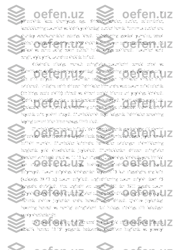 34
yo‘qotishda   katta   ahamiyatga   ega.   Shiralar,   kanalar,   qurtlar,   qalqondorlar,
kapalaklarning tuxumlari va kichik yoshlardagi qurtlari hamda fitonomus qurtlari ana
shunday   zararkunandalar   qatoriga   kiradi.   Qo‘ng‘izning   gavdasi   yumaloq,   tepasi
qubbali,  osti  yassi,  aksari   yarim  shar  shaklida  bo‘lib,  yon  tomondan  qaralganda   old
yelkasi   va   qanot   ustligi   ravon   qubbali   holda   ko‘zga   tashlanadi.   Tuxumlari   sariq
rangli, xiyla yirik, uzunchoq shaklda bo‘ladi.
Koksinella   oilasiga   mansub   qo‘ng‘izlar   tuxumlarini   tamaki   tripsi   va
o‘simlikxo‘r   shiralar   koloniyalari   yonidagi   o‘simliklarning   har   xil   qismlariga   to‘p-
to‘p   qilib   qo‘yadi.   Yirtqich   tuxumidan   ochib   chiqqan   lichinkalari   shiralar   bilan
oziqlanadi. Endigina ochib chiqqan lichinkalar birmuncha vaqt tuxum po‘stloqlarida
(bir-biriga   qattiq   qisilib)   o‘tiradi   va   shirani   topishi   bilanoq   uni   yoyishga   kirishadi.
Kichik yoshlardagi  qurtlar u qadar harakatchan bo‘lmaydi. Yoshi oshgan sayin juda
harakatchan bo‘lib,   trips va   shiralarning to‘pidan to‘piga o‘taveradi. Lichinkalar o‘z
hayotida   to‘rt   yoshni   o‘taydi.   G‘umbaklanish   payti   kelganda   lichinkalar   tanasining
keyingi tomoni bilan biror narsaga ilinib oladi.
G‘umbaklar kamharakat bo‘ladi, lekin iztiroblanganda gavdasining old qismini
qo‘qqisdan ko‘tarib, perpendikulyar holatda turadi. G‘umbaklanadigan joylar har xil
bo‘lishi   mumkin.   G‘umbaklar   ko‘pincha   lichinkalar   oziqlangan   o‘simliklarning
barglarida   yoki   shoxchalarida   joylashadi.   G‘umbaklardan   chiqqan   qo‘ng‘izlar
shiralarni zo‘r berib qiradi va 10-12 kun o‘tgach juftlashishga kirishadi, yana bir-ikki
kun   o‘tishi   bilanoq   tuxum   qo‘ya   boshlaydi.   Urg‘ochilari   tuxumlarini   ravon
qo‘ymaydi.   Tuxum   qo‘yishga   kirishgandan   keyin   10-15   kun   o‘tgachgina   eng   ko‘p
(sutkasiga   38-42   ta)   tuxum   qo‘yiladi.   Urg‘ochilarning   tuxum   qo‘yish   davri   45
kungacha   cho‘ziladi.   Bitta   urg‘ochi   zot   umuman   250   dan   2900   tagacha   tuxum
qo‘yishi mumkin. Koksinellid qo‘ng‘izlari turlicha balandlikdagi tog‘larda qishlaydi.
Bahorda   qishlov   joylaridan   ancha   barvaqt   uchib   chiqadi.   Qishlov   joylaridagi
havoning   harorati   va   namligi   qo‘ng‘izlarni   faol   holatga   o‘tishiga   olib   keladigan
asosiy shartlardandir.
Qishlovdan   chiqqan   qo‘ng‘izlar   aprel   boshida   yoki   o‘rtalarida,   ya’ni   o‘rtacha
sutkalik   harorat   12-15 o
  yetganda   bedazorda,   shaftolizor   bog‘larda   va   yovvoyi 