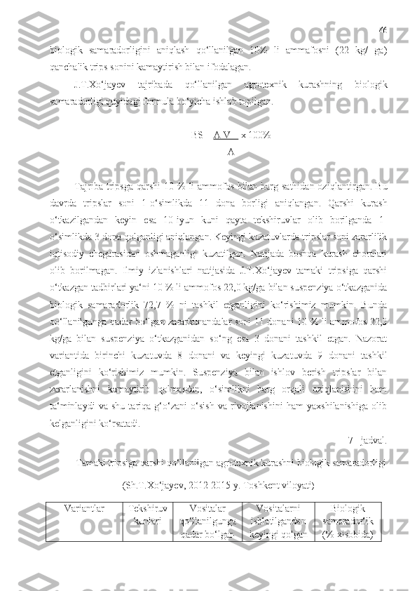 46
biologik   samaradorligini   aniqlash   qo‘llanilgan   10%   li   ammafosni   (22   kg/   ga)
qanchalik trips sonini kamaytirish bilan ifodalagan.
J.T.Xo‘jayev   tajribada   qo‘llanilgan   agrotexnik   kurashning   biologik
samaradorligi quyidagi formula bo‘yicha ishlab topilgan.
BS  =  A-V     x 100%
A
Tajriba   tripsga   q arshi  10  %  li  ammofos  bilan barg  sathidan  ozi q lantir gan . Bu
davrda   tripslar   soni   1- o‘ simlikda   11   dona   borligi   ani q lan gan .   Q arshi   kurash
o‘tkazilgandan   keyin   esa   10-iyun   kuni   qayta   tekshiruvlar   olib   borilganda   1-
o‘simlikda 3 dona qolganligi aniqlangan. Keyingi kuzatuvlarda tripslar soni zararlilik
iqtisodiy   chegarasidan   oshmaganligi   kuzatilgan.   Natijada   boshqa   kurash   choralari
olib   borilmagan.   Ilmiy   izlanishlari   natijasida   J.T.Xo‘jayev   tamaki   tripsiga   qarshi
o‘tkazgan tadbirlari ya‘ni 10 % li ammofos 22,0 kg/ga bilan suspenziya o‘tkazganida
biologik   samaradorlik   72,7   %   ni   tashkil   etganligini   ko‘rishimiz   mumkin.   Bunda
qo‘llanilgunga qadar bo‘lgan zararkunandalar soni 11 donani 10 % li ammofos 22,0
kg/ga   bilan   suspenziya   o‘tkazganidan   so‘ng   esa   3   donani   tashkil   etgan.   Nazorat
variantida   birinchi   kuzatuvda   8   donani   va   keyingi   kuzatuvda   9   donani   tashkil
etganligini   ko‘rishimiz   mumkin.   Suspenziya   bilan   ishlov   berish   tripslar   bilan
zararlanishni   kamaytirib   qolmasdan,   o‘simlikni   barg   orqali   oziqlanishini   ham
ta‘minlaydi   va   shu   tariqa   g‘o‘zani   o‘sish   va   rivojlanishini   ham   yaxshilanishiga   olib
kelganligini ko‘rsatadi.
7 - jadval.
Tamaki tripsiga qarshi qo‘llanilgan agrotexnik kurashni biologik samaradorligi
(Sh.T.Xo‘jayev, 2012-2015 y. Toshkent viloyati )
Variantlar Tekshiruv
kunlari Vositalar
qo‘llanilgunga
qadar bo‘lgan Vositalarni
ishlatilgandan
keyingi qolgan Biologik
samaradorlik
(%-xisobida) 