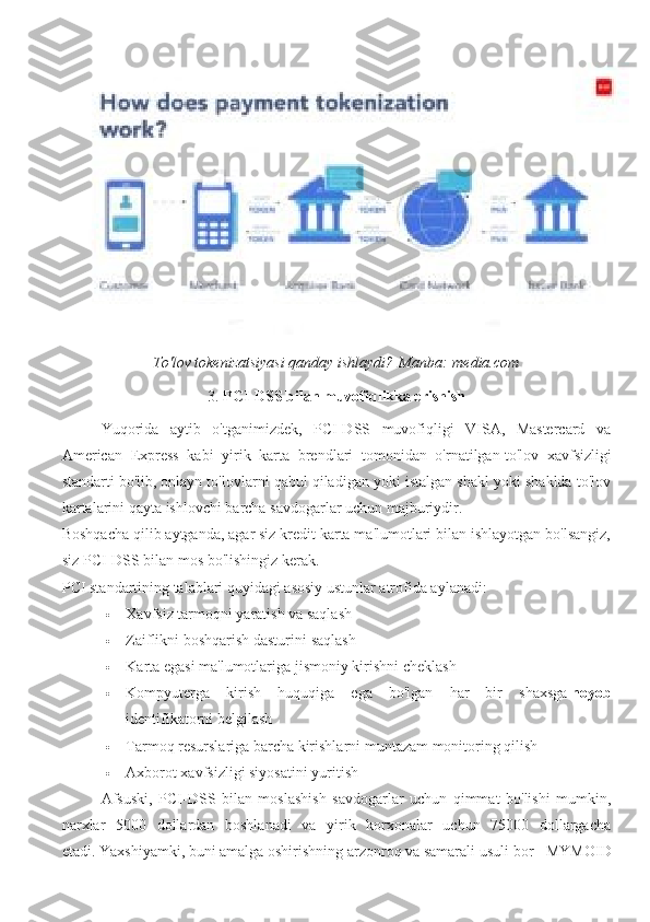 To'lov tokenizatsiyasi qanday ishlaydi?   Manba:   media.com
3.  PCI-DSS bilan muvofiqlikka erishish
Yuqorida   aytib   o'tganimizdek,   PCI-DSS   muvofiqligi   VISA,   Mastercard   va
American   Express   kabi   yirik   karta   brendlari   tomonidan   o'rnatilgan   to'lov   xavfsizligi
standarti   bo'lib, onlayn to'lovlarni qabul qiladigan yoki istalgan shakl yoki shaklda to'lov
kartalarini qayta ishlovchi barcha savdogarlar uchun majburiydir.
Boshqacha qilib aytganda, agar siz kredit karta ma'lumotlari bilan ishlayotgan bo'lsangiz,
siz PCI-DSS bilan mos bo'lishingiz kerak.
PCI standartining talablari quyidagi asosiy ustunlar atrofida aylanadi:
 Xavfsiz tarmoqni   yaratish va saqlash
 Zaiflikni boshqarish dasturini   saqlash
 Karta egasi ma'lumotlariga   jismoniy kirishni cheklash
 Kompyuterga   kirish   huquqiga   ega   bo'lgan   har   bir   shaxsga   noyob
identifikatorni belgilash
 Tarmoq resurslariga barcha kirishlarni   muntazam monitoring qilish
 Axborot xavfsizligi siyosatini   yuritish
Afsuski,   PCI-DSS   bilan   moslashish   savdogarlar   uchun   qimmat   bo'lishi   mumkin,
narxlar   5000   dollardan   boshlanadi   va   yirik   korxonalar   uchun   75000   dollargacha
etadi.   Yaxshiyamki, buni amalga oshirishning   arzonroq va samarali usuli   bor -   MYMOID 