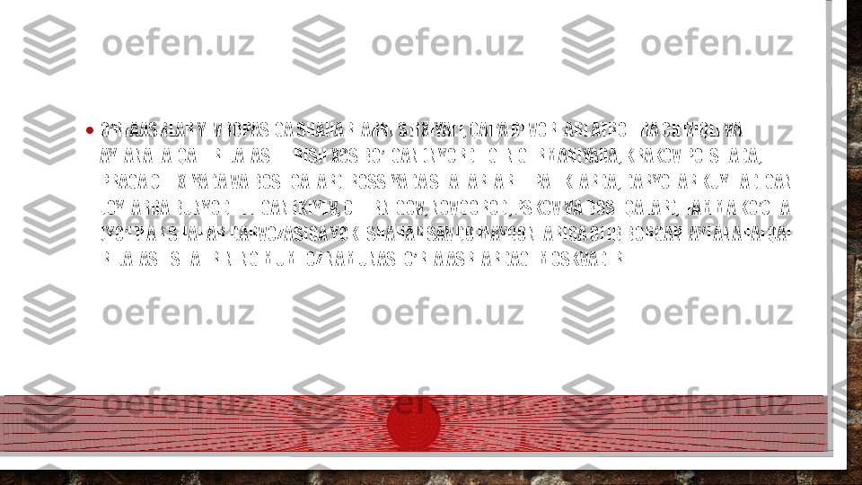 • O RTAASRLAR YEVROPASIGA SHAHARLARNI STIXIYALI, QAL A DEVORLARI ATROFIDA CHIZIQLI VA ʻ ʼ
AYLANAHALQALI REJALASHTIRISH XOS BO LGAN (NYORDLIGEN GERMANIYADA, KRAKOV POLSHADA, 	
ʻ
PRAGA CHEXIYADA VA BOSHQALAR). ROSSIYADA SHAHARLAR TEPALIKLARDA, DARYOLAR KUYILADIGAN 
JOYLARDA BUNYOD ETILGAN (KIYEV, CHERNIGOV, NOVGOROD, PSKOV VA BOSHQALAR), HAMMA KO CHA 	
ʻ
(YO L)LAR SHAHAR DARVOZASIGA YOKI SHAHAR SAVDO MAYDONLARIGA OLIB BORGAN. AYLANAHALQALI 	
ʻ
REJALASH SHAHRINING MUMTOZ NAMUNASI O RTA ASRLARDAGI MOSKVADIR.	
ʻ  