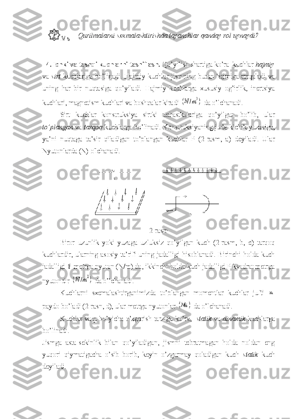  Ms Qurilmalarni sxemalashtirishda tayanchlar qanday rol uynaydi?
   4. Ichki va tashqi kuchlarni tasniflash.  Qo’yilish shartiga ko’ra  kuchlar  hajmiy
va   sirt   kuchlariga  bo’linadi.  Hajmiy   kuchlar   jismning   butun  hajmiga   tarqaladi   va
uning   har   bir   nuqtasiga   qo’yiladi.   Hajmiy   kuchlarga   xususiy   og’irlik,   inertsiya
kuchlari, magnetism kuchlari va boshqalar kiradi 	
(N/m3)  da o’lchanadi.
Sirt   kuchlar   konstruksiya   sirtki   uchastkalariga   qo’yilgan   bo’lib,   ular
to’plangan   va   tarqoq   kuchlarga bo’linadi. Konstruksiyaning juda kichik yuzasiga,
ya’ni   nuqtaga   ta’sir   qiladigan   to’plangan   kuchlar   P   (2-rasm,   a)   deyiladi.   Ular
Nyutonlarda (N) o'lchanadi.
2-rasm
Biror   uzunlik   yoki   yuzaga   uzluksiz   qo’yilgan   kuch   (2-rasm,   b,   c)   tarqoq
kuchlardir, ularning asosiy ta’rifi uning jadalligi hisoblanadi. Birinchi holda kuch
jadalligi 	
q  metrga nyuton (N/m) da, ikkinchi holda kuch jadalligi P kvadrat metrga
nyutondir 
(N	/m2)  da o’lchanadi.
Kuchlarni   sxemalashtirganimizda   to’plangan   momentlar   kuchlar   jufti  	
m
paydo bo’ladi (2-rasn, d), ular metrga nyutonlar 	
(Nm	)  da o’lchanadi.
Kuchlar vaqt bo’yicha o’zgarish tarziga ko’ra,    statik   va   dinamik   kuchlarga
bo’linadi.
Jismga   asta-sekinlik   bilan   qo’yiladigan,   jismni   tebratmagan   holda   noldan   eng
yuqori   qiymatigacha   o’sib   borib,   keyin   o’zgarmay   qoladigan   kuch   statik   kuch
deyiladi. 