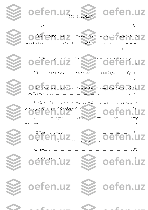 MUNDARIJA
Kirish………………………………………………………….3
1-BOB.   Zamonaviy   muvaffaqiyatli   rahbarning   psixologik
xususiyatlarini   nazariy   tahlil   qilish   ……….
……………………………………………………………….7
1.1 Muvaffaqiyatli kasbiy faoliyat tushunchasi va o'ziga xos xususiyatlari
…………………………………………………………………………………...7
1.2   Zamonaviy   rahbarning   psixologik   qiyofasi
………………………………………...………………………………………..9
1.3   Raxbarlarning   psixologik   xususiyatlarining   ularning   kasbiy   faoliyati
muvaffaqiyatiga ta'siri………………………………………………………....14
2-BOB.   Zamonaviy   muvaffaqiyatli   rahbarning   psixologik
xususiyatlarini empiric o’rganish………………………………....16
2.1   Tadqiqotni   tashkil   etish   va   uning
metodlari…………………………………..……………………………………16
2.2 Tadqiqot natijalari…………………………………………………...21
2.3 Tadqiqot natijalarini tahlil qilish va sharhlash………………..….…26
Xulosa…………………………………………………………………...30
Foydalanilgan adabiyotlar…………………………………………….33
1 